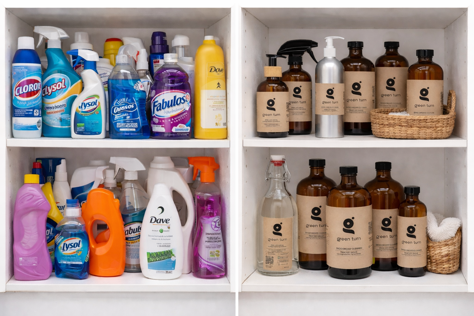 Side-by-side: a typical cabinet stuffed with plastic bottles of conventional cleaners (Clorox, Lysol, Fabuloso) on the left, vs the same cabinet with a handful of Green Turn glass refill bottles on the right.