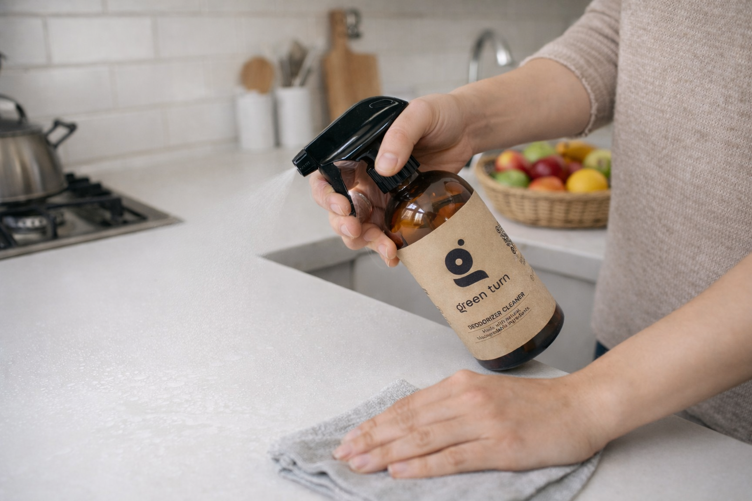 A hand sprays Green Turn cleaner on a kitchen counter — plant-based and refillable.