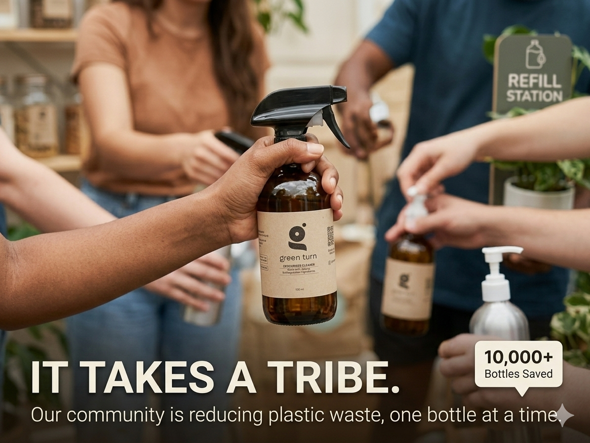 A community of customers refilling Green Turn glass bottles at a local refill station — 10,000+ bottles saved from landfills.